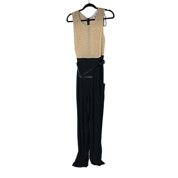 Vintage 90’s Gold Metallic Black Bottom Sleeveless Belted Jumpsuit‎ Women’s - Picture 1 of 10